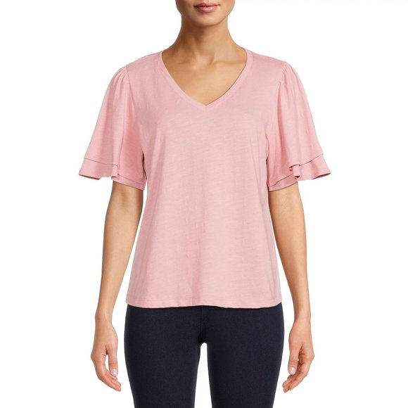 Time and Tru Tops - Time And Tru women's Top v neck flutter sleeve Medium 8-10 Pink Swiss Dot W-290